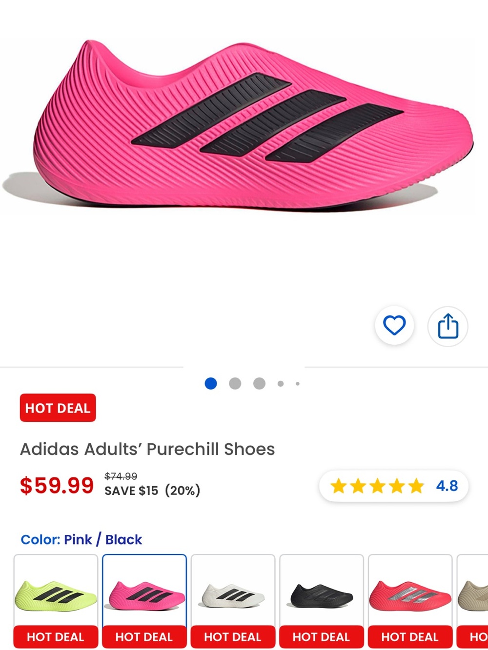 adidas Men's Purechill Water Shoes in Pink with Black Stripes